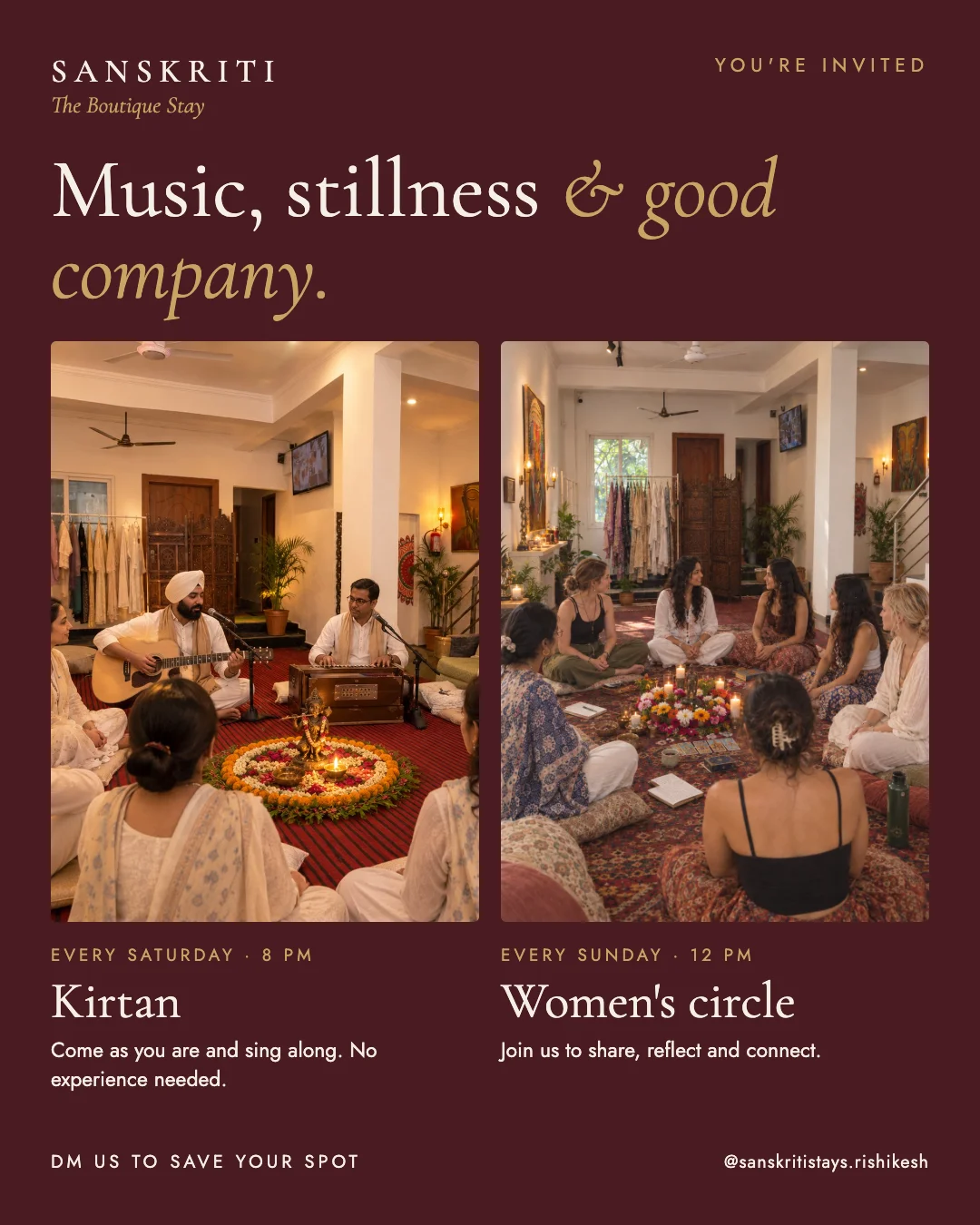 Kirtan & circle — Saturday kirtan at 8 pm; Sunday women’s circle at noon.