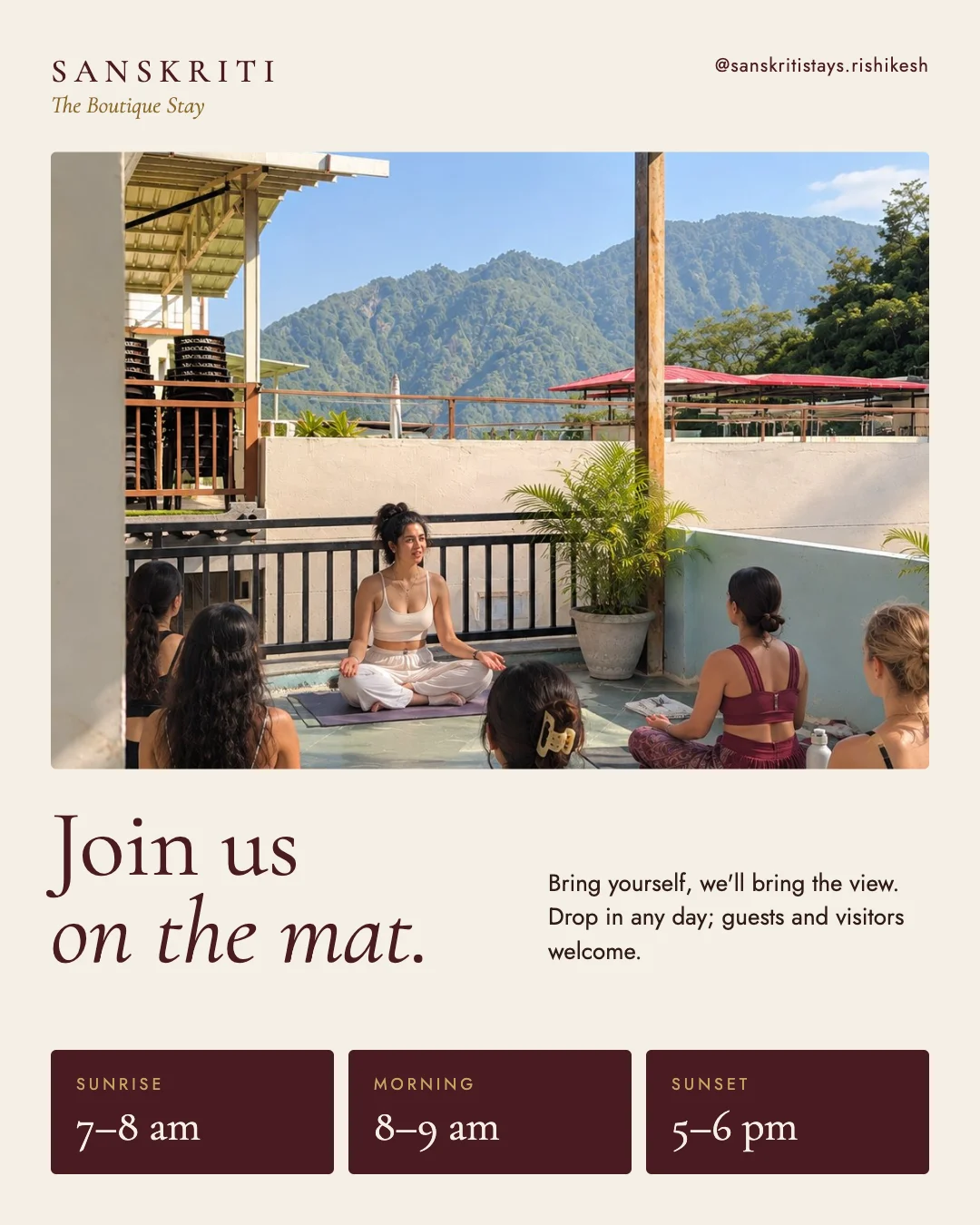 Rooftop yoga — Sunrise, morning and sunset practice above Tapovan.