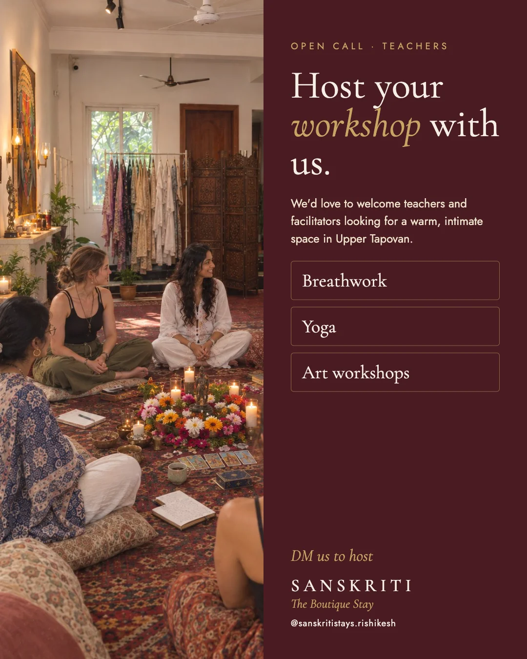 A space for your workshop — Teachers and facilitators: yoga, breathwork and art.