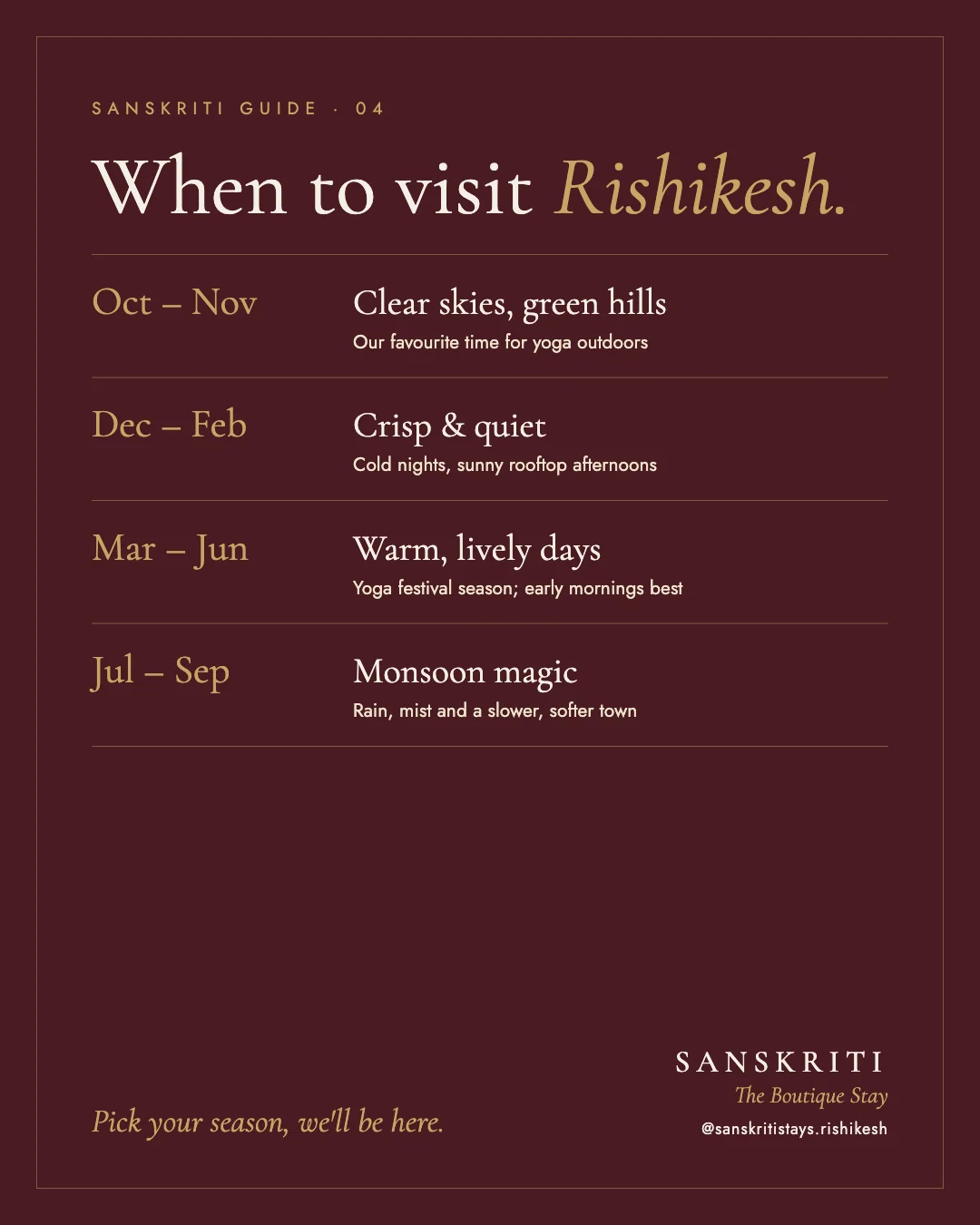 When to visit — Four seasons in Upper Tapovan.
