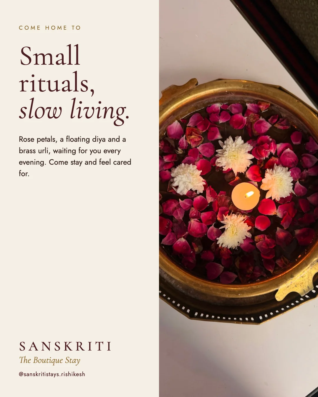 Small rituals — Rose petals, a diya and a brass urli to welcome the evening.