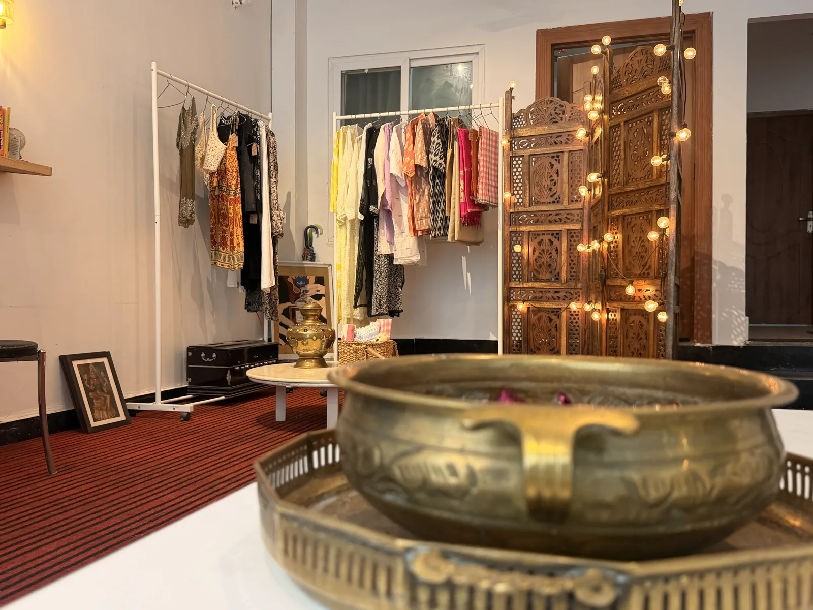 A brass singing bowl in the lounge