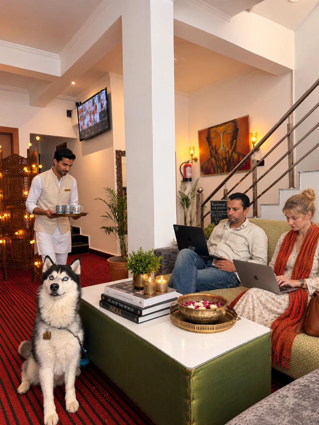 Chai served in the lounge beside a guest and a husky